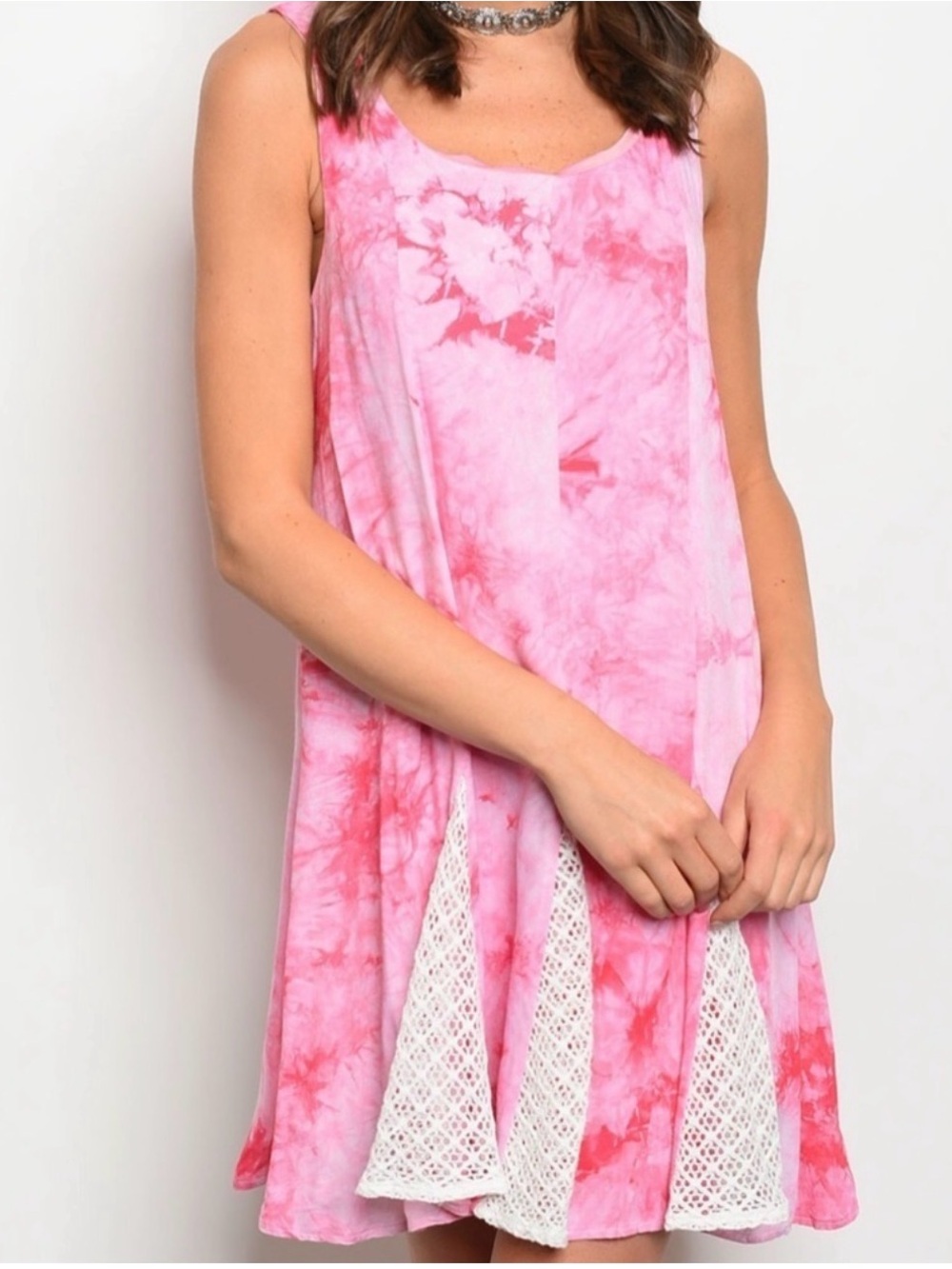 Ecote Pink Tie-Dye Sleeveless Chemise with White Crochet Panels